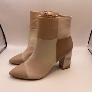 Madden Girl Flex-P Patchwork Ankle Boots Beige Tan Block Heel Pointed Toe Size 9